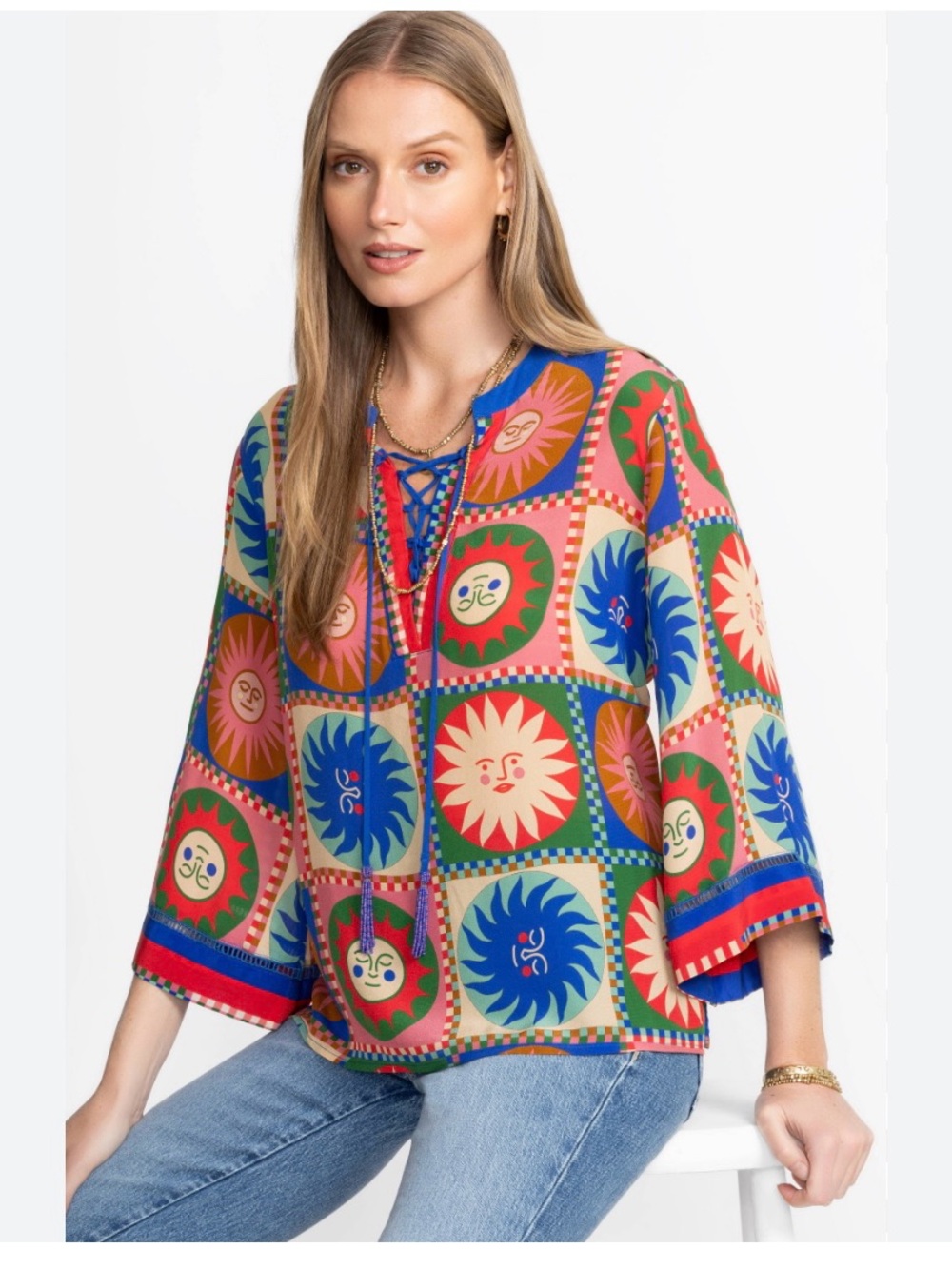 Johnny Was silk blouse Pull over print tassels detail Size XS boho colorful